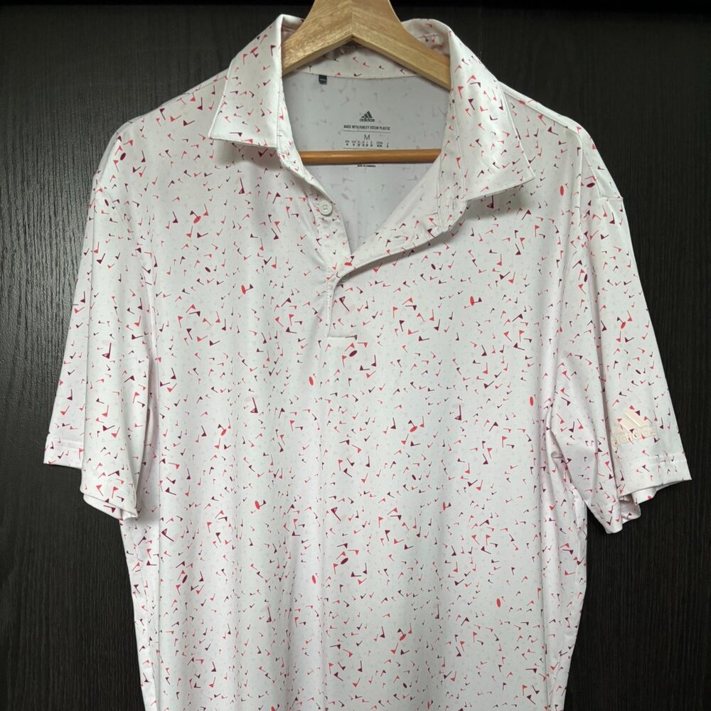 Adidas Golf Polo Shirt Men’s Medium - White Red Pink Allover Print Golf Flags